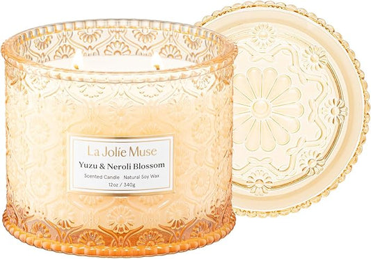 LA JOLIE MUSE Citrus Candle, Yuzu & Neroli Blossom Scented Candles, Luxury Jar Candle Gifts for Women & Men, Large 2-Wick Soy Candles, 60 Hours Long Burning, 12oz