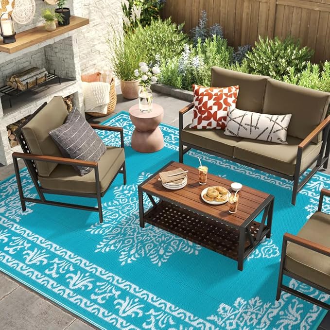 Yamaziot Outdoor Rug 8x10 Ft, Waterproof Plastic Straw Patio Rug, Reversible Backyard Carpet UV Resistant Portable RV Mat Clearance, Large Indoor Outdoor Rug for Patio, Porch, Deck, Balcony, Teal