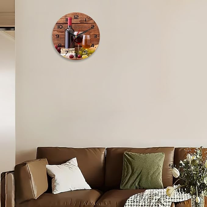 Wall Clocks,Red Wine Wood Wall Clock Decorative,Kitchen Wall Clocks Battery Operated-10 Inch Round Bathroom Wall Clock Silent Non-Ticking