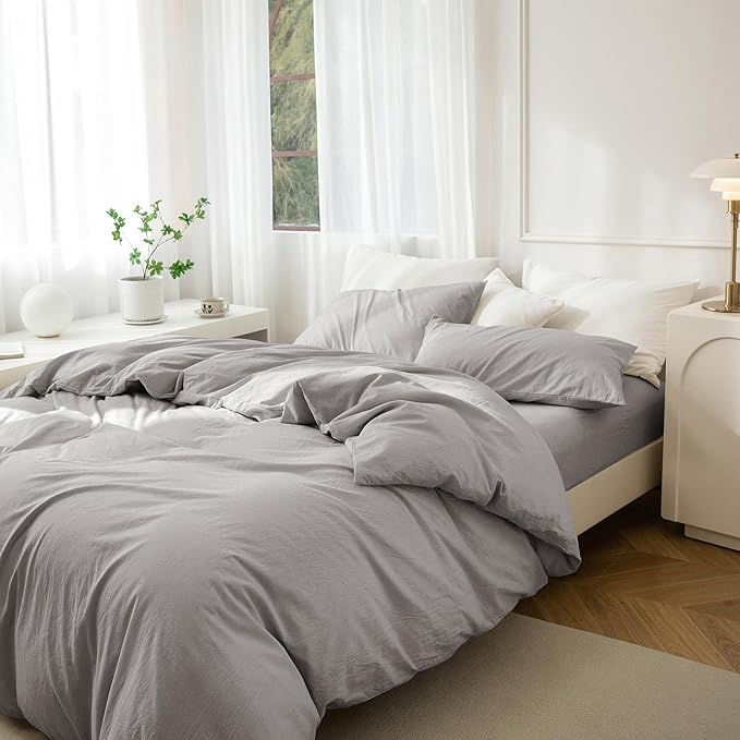 JIYUAN 100% Washed Cotton Duvet Cover Set 3 Pieces Cal King, 1 Duvet Cover 104x98 Inches(Comforter Not Included) and 2 Pillowcases,Linen Feel Bedding Set Comfy and Breathable, Heathered Pastel Grey