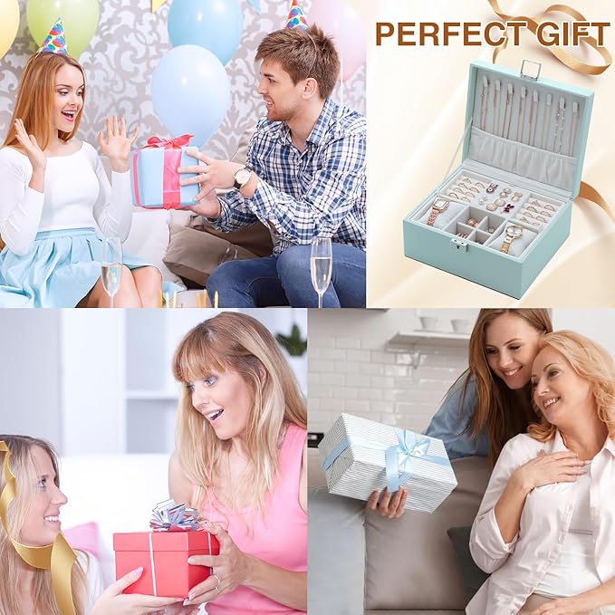 Jewelry Organizer Box for Women,Large Genuine Leather Jewelry Organizers and Storage with Earring Holder Organizer Removable Velvet Jewelry Tray,Christmas Gifts for Mom,Green