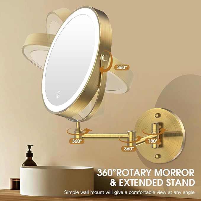 Wall Mounted Lighted Makeup Mirror,8" Rechargeable Double-Sided Light up Magnifying Mirror 1x/10x,3 Color Led Vanity Mirror with Lights,Touch Dimmable 360° Rotation-Antique Bronze