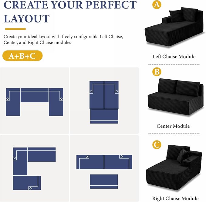 104''Sectional Cloud Couch with L Shaped Chaise,Modern Modular Sectional Sofa,Boneless Couch with Deep Seat,Comfy Couches for Living Room (Black, U Shaped)