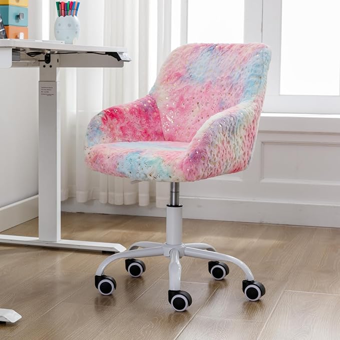 LukeAlon Kids Adjustable Desk Chair, Furry Study Chair with Swivel Base Cute Upholstered Faux Fur Reading Chair with Arms for Girls Children, Colorful