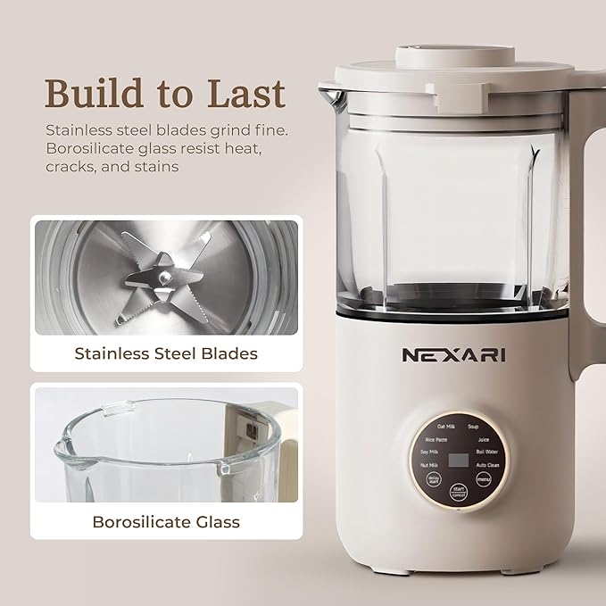 9 pcs Nexari 8-in-1 Nut Milk Maker Machine – 1.2L Stainless Steel & Glass | Almond, Oat, Soy, Coconut Machine | Blenders | Plant-Based Smoothie Blender, Milk Frother & Milkshake maker | Self-Cleaning
