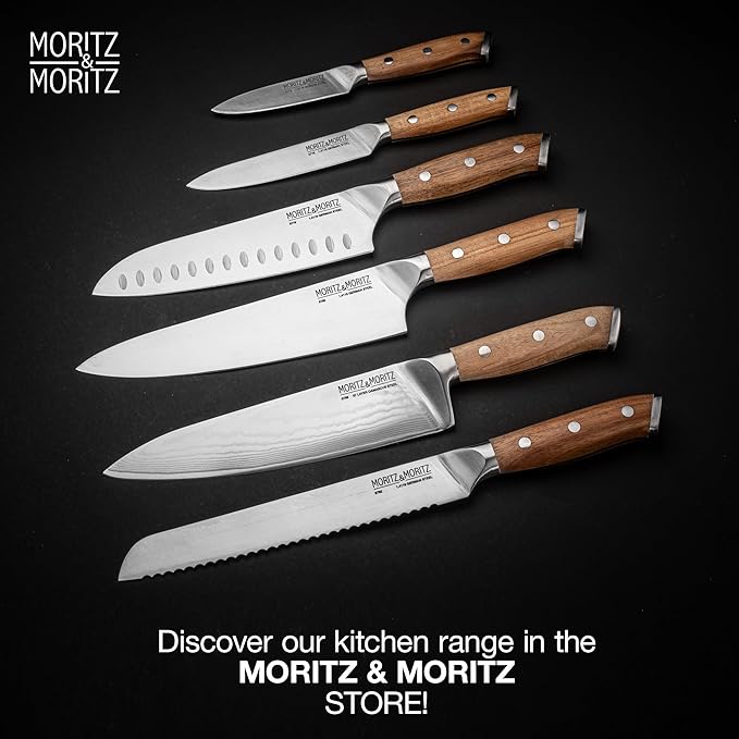 Moritz & Moritz 7-Inch Santoku Knife β Japanese Chef Knife with German Steel Blade, Acacia Wood Handle, Professional Kitchen Knives for Meat, Vegetables, Sushi, Chopping & Slicing