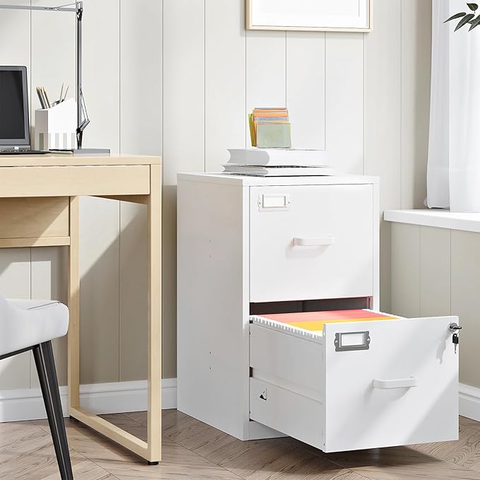 2 Drawer File Cabinet with Lock,Metal File Cabinets for Home Office, Under Desk File Cabinet for A4/Letter/Legal Size (White)
