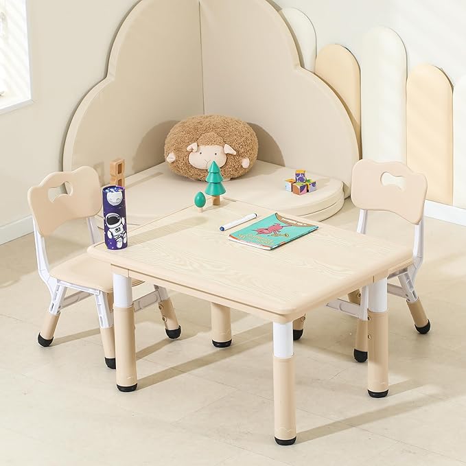 Kids Table and Chairs, Height-Adjustable Toddler Table and Chair Set with 31.5''Lx23.6''W Graffiti Desktop, Table Chair for Ages 3-8, Childrens Table and Chair Set for Daycare with 2 Chairs