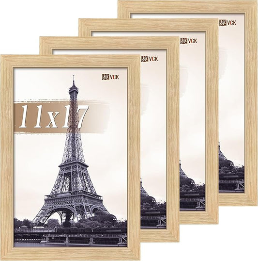VCK 11x17 Picture Frame Set of 4 - Oak, Gallery-Quality Wood Poster Frames, 1.1-Inch Wide Border, Polished Plexiglass, Vertical or Horizontal Wall Display for Photo/Art/Prints, Natural Oak