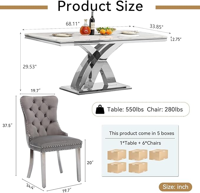 Goujxcy 68" Marble Dining Table Set for 6, Modern Rectangle Dining Room Table Set for 6, Luxury White Silver Marble Kitchen Table and Chairs Set of 6 for Living Room,Kitchen