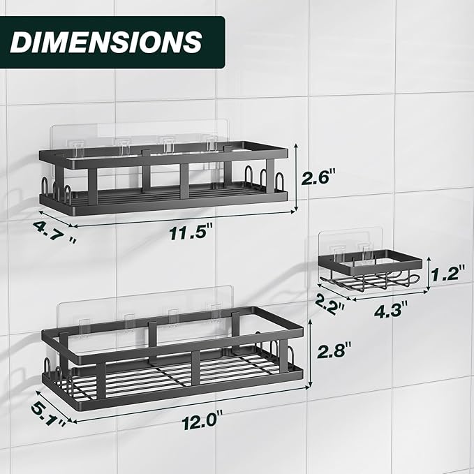 Shower Caddy Adhesive,No Drill Bathroom Organizer with Soap Holder,Large Capacity Rustproof Shelves for Inside Shower,Bathroom Organizers and Storage,Black