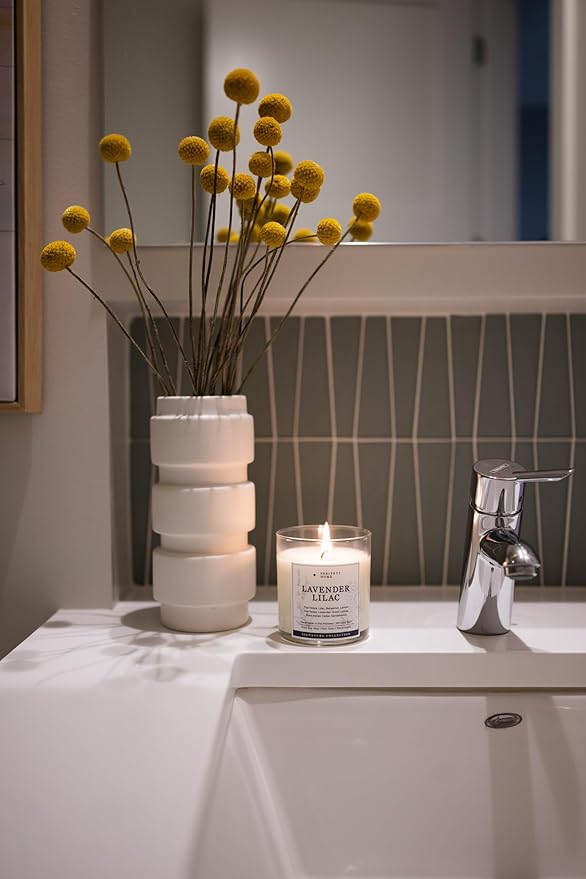 PERIPETI Home Lavender + Lilac Scented Candle - Classic Wick, 8.5oz Natural Soy Wax for Soothing Aromatherapy - Long-Lasting Relaxing Fragrance for Home or Spa