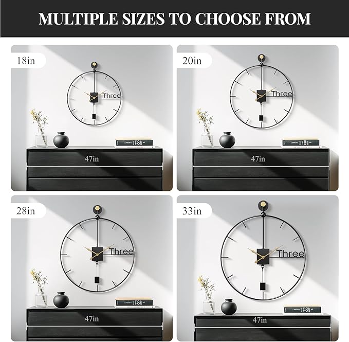 Modern Large Wall Clock 24 inch with Pendulum, Battery Operated Silent Non-Ticking Metal Wall Clock for Living Room Decor, Decorative Hanging Clock for Bedroom, Office, Kitchen, Home