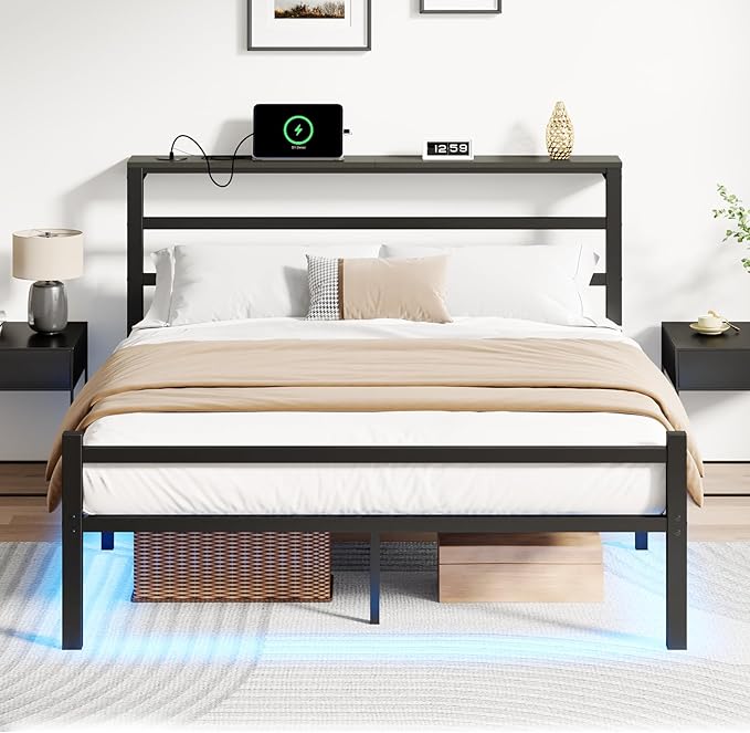 Queen Size Bed Frame with LED Lights, Metal Platform Bed Frame with Storage Headboard, Bed Frame Queen Size with Charging Station, Heavy Duty Metal Slat, No Box Spring Needed, Easy Assembly, Black