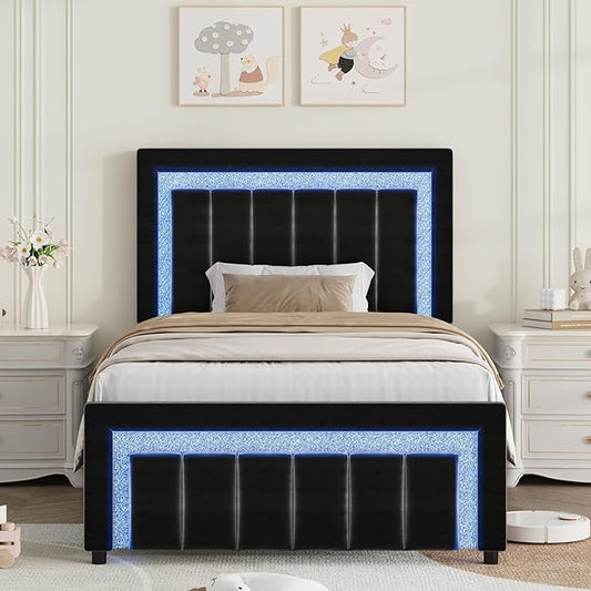 HOMBCK Twin Size Bed Frames with LED Lights and Velvet Upholstered Headboard, Bed Frame Twin with Modern Diamond Headboard Adjustable, Wooden Slats Support, Noise Free, No Box Spring Needed, Black