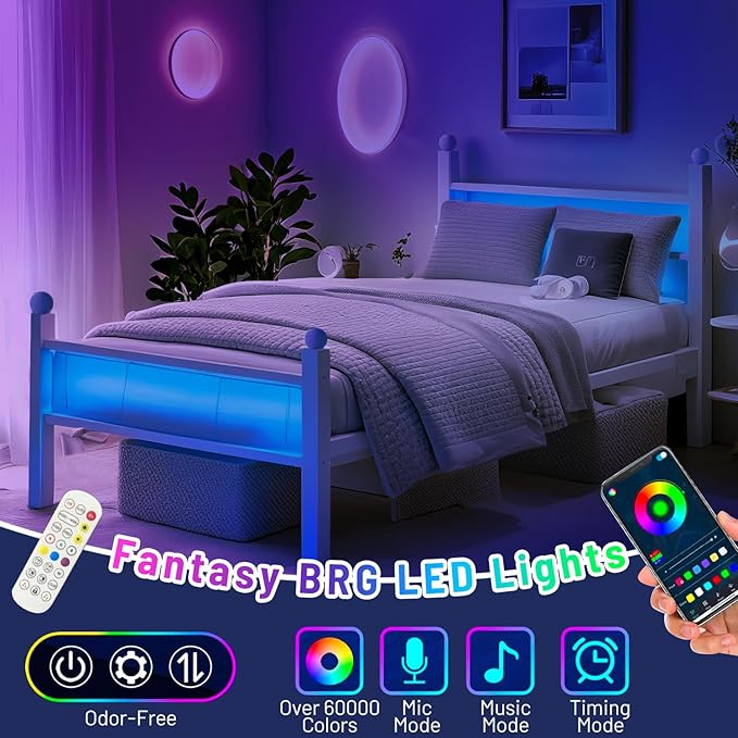 Twin Bed Frame with Headboard and Footboard,Steel Slats Support-LED Bed Frame with USB Charging Station,Mattress Foundation-Under Bed Storage,No Box Spring Needed,Noise Free,White