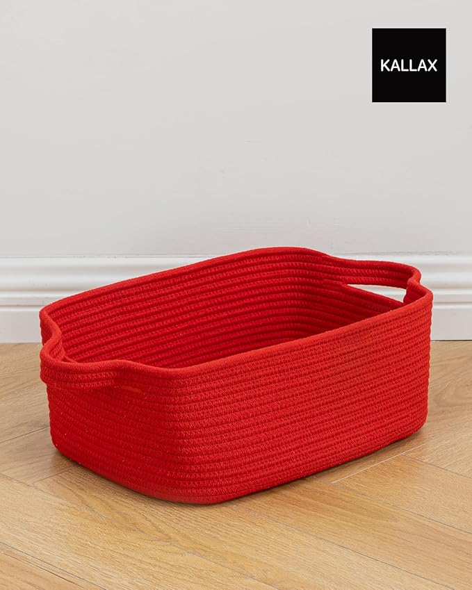 KALLAX Small Woven Basket, 14 x 10 x 5.6 Inches, Small Storage Baskets for Organizing, Gift Baskets Empty, Cute Rope Shelf Closet Storage Bins for Shelves, Dog Toy Basket, Red