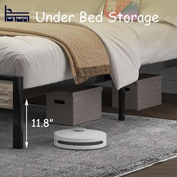 King Bed Frame with LED Lights and Charging Station, Metal Platform Bed King Size with 2-Tier Rustic Barn Door Storage Headboard, Noise-Free, No Box Spring Needed, Easy Assembly, Wash Grey