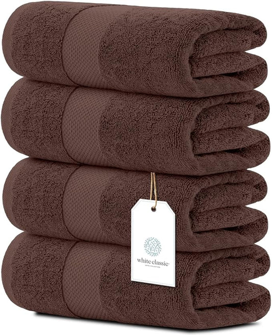 White Classic Luxury Bath Towels Set of 4 Large - 700 GSM Cotton Ultra Soft Bath Towels 27x54 | Highly Absorbent and Quick Dry | Hotel Towels for Bathroom Luxury, Plush Shower Towels, Brown