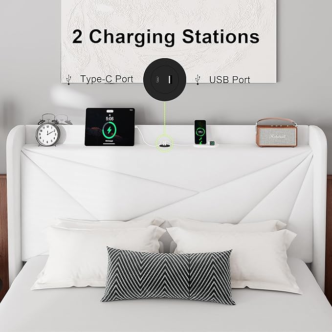 Feonase Full Bed Frame with Charging Station, Velvet Upholstered Platform Bedframe with Wingback Headboard, Solid Wood Slats Support, Noise Free, No Box Spring Needed, White