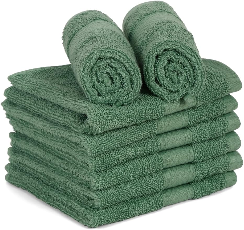 Casa Lino Face Towels & Body Wash Cloths for Showering - 100% Cotton Wash Cloths for Bathroom - Highly Absorbent & Quick Drying Washcloth Set - Cotton Washcloths 24 Pack (12" x 12") - (Green)