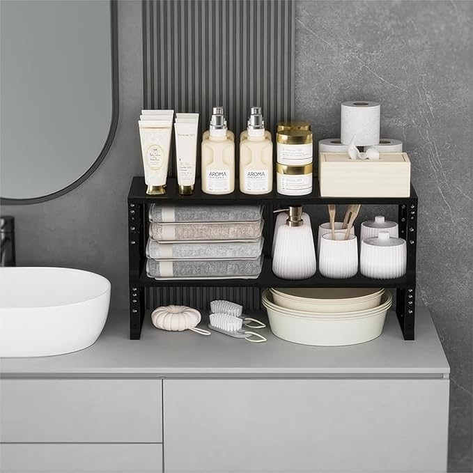 Expandable Spice Rack Organizion for Kitchen Cabinet, Seasoning,Bathroom Organizer Display Shelf, Stackable Multi-Purpose Shelves.Easy-to-Install(3Packs/Black,Medium