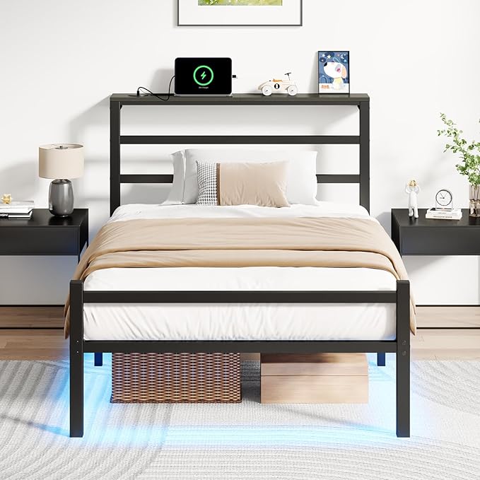 Twin Size Bed Frame with LED Lights, Metal Platform Bed Frame with Storage Headboard, Modern Bed Frame with Charging Station, Heavy Duty Metal Slat, No Box Spring Needed, Easy Assembly, Black