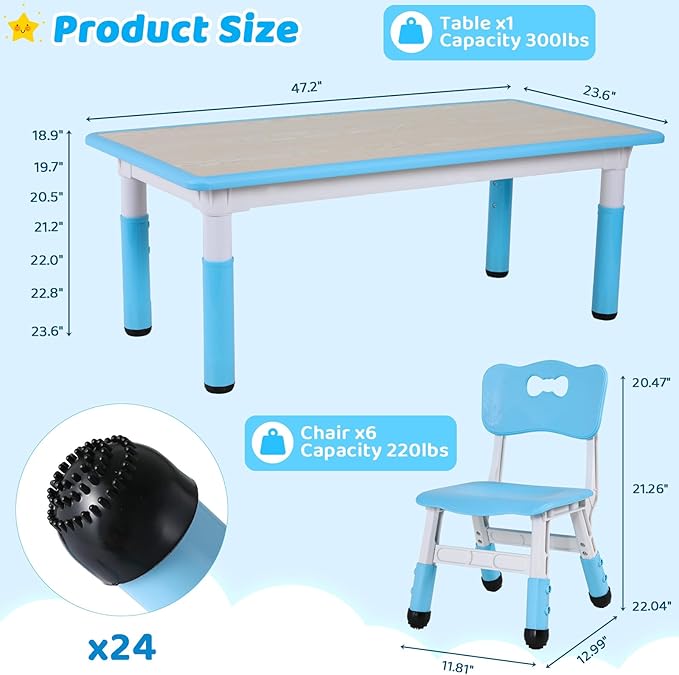 Arlopu Kids Table and 6 Chairs Set, Height Adjustable Graffiti Desk, Preschool Activity Art Craft Table, for Daycare Classroom Home Boys and Girls Age 3-12 (Blue)