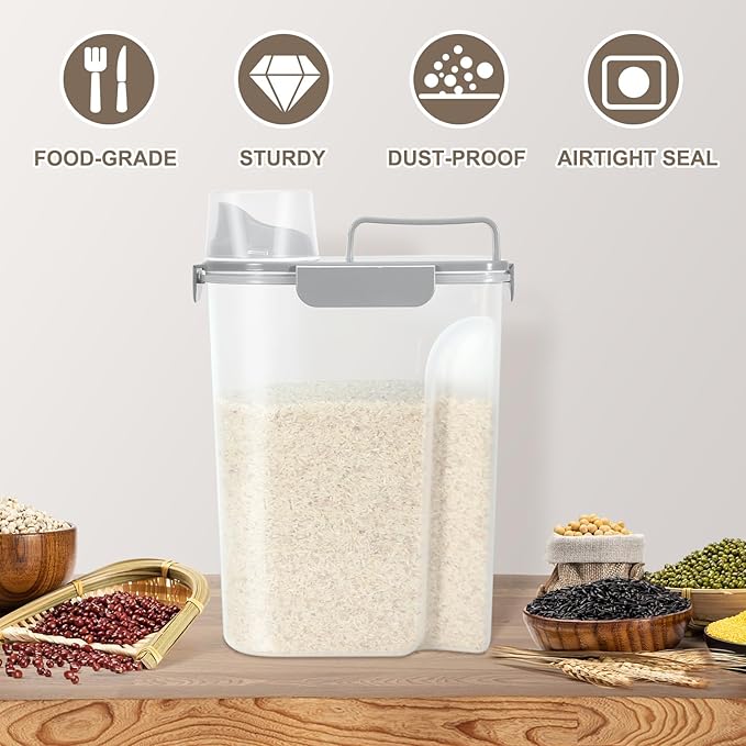 TBMax Rice Container 10 Lbs Kitchen Pantry Food Storage Container, Small Pet Dog Cat Food Container Dispenser 6 Lbs, Plastic Rice Cereal Flour Holder with Cup for Dry Food Storage Organization
