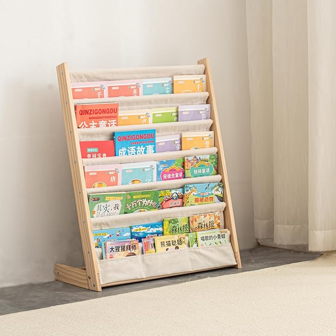 7 Tier Wooden Kids Bookshelf Book Holder Natural Wood Book Rack Storage Bookshelf for Kids Room Study Room Play Room Toy Storage Organizer (W: 24.6")