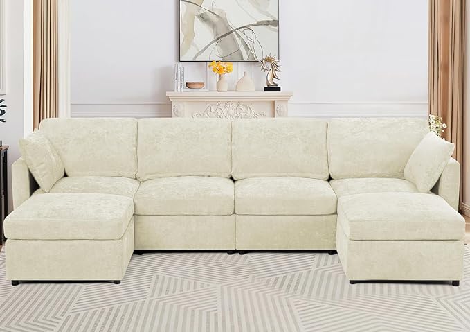 110” Chenille 4 Seats Sofa W/2 Movable Ottoman, Modern Fabric U-Shaped Couch with Soft Backrest, Upholstered Sectional Sofa with Armrest Pillows for Living Room, Office, Beige
