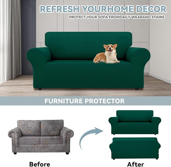 LURKA Stretch Loveseat Sofa Slipcovers 1 Piece Couch Covers for Sofa Furniture Protector Full Sofa Covers with Elastic Bottom for Kids and Dog (Dark Green, Medium)