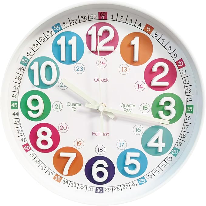 Wall Clocks,Learning Time Clock,12 Inch 3D Numbers Colorful Clock Face Silent Luminous Clocks,Clear Digital Wall Clock (3D White Luminous)