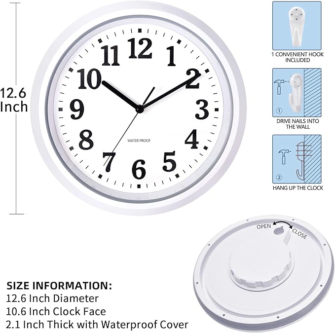 Caysie 12 Inch Sealed Indoor Outdoor Waterproof Wall Clock, Durable Silent Non-Ticking Battery Operated Quality Quartz Round Clock, Wall Decorative for Patio, Pool, Bathroom (White)