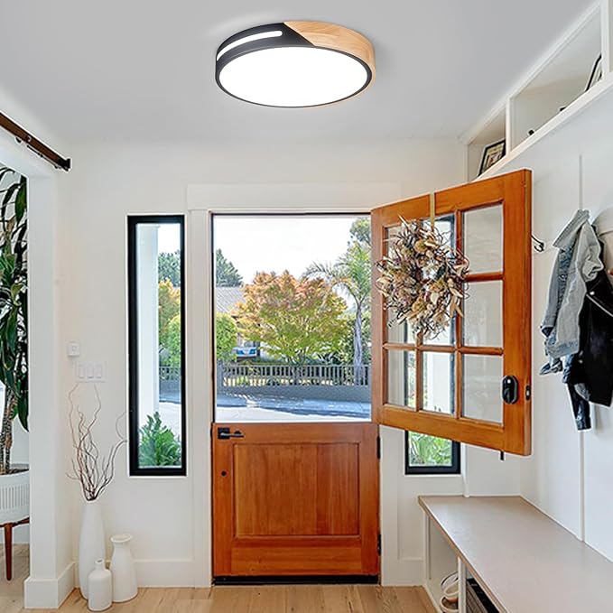 Black and Wood Flush Mount Ceiling Light Fixture Set of 2, Dimmable LED Ceiling Light Black, Modern Light Fixture Ceiling Mount for Bedroom, Living Room, Kitchen, Bathroom, Hallway