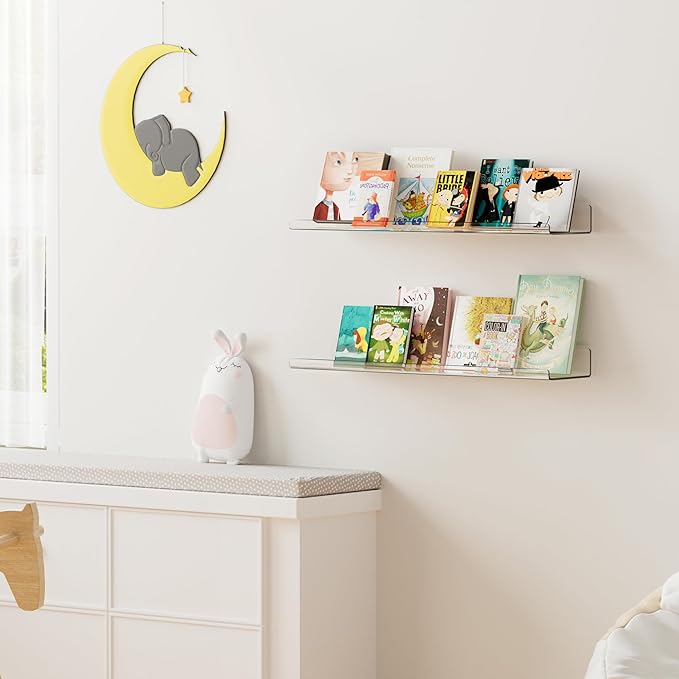 upsimples 2 Pack 23.6x5.5 Inches Acrylic Shelves for Wall Storage, Floating Bookshelves for Kids, Display Shelf Organizer for Bathroom, Bedroom, Living Room, Kitchen, Clear