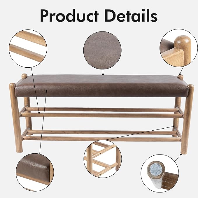 Solid Wood Entryway Bench with Shoe Storage, Rustic Oak Wood and PU Leather 45 Inch Long Seating for Living and Dining Rooms, 3-Tier Brown