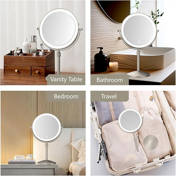 8" Lighted Makeup Mirror, 1X/10X Magnification with Light, Double Sided Dimmable, Rechargeable & Brightness & Height Adjustable, Cordless Vanity(Brushed Nickel)