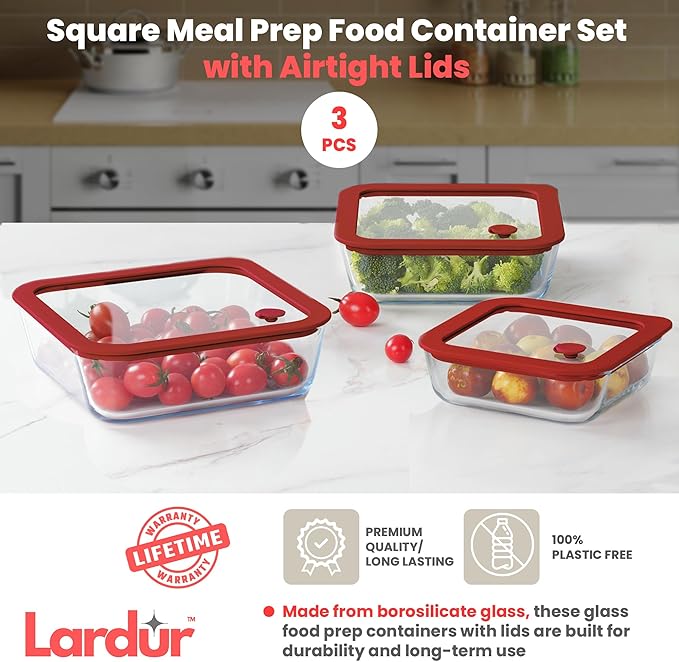 Glass Food Storage Containers with Glass Lids 3 Pack - Square Meal Prep Food Container Set with Airtight Lids - Microwave & Dishwasher Safe, 100% Plastic Free, Vented, Gift Packaged, Red Color