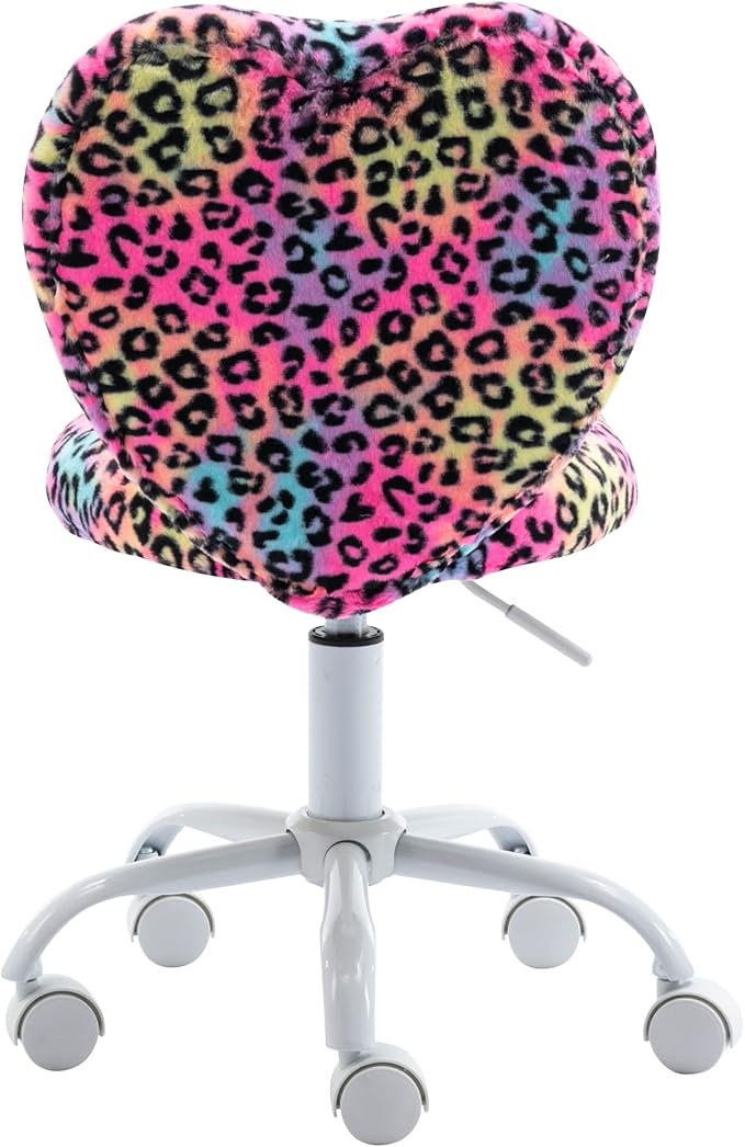 Cute Fuzzy Kids Chair Rolling Study Desk Chair Furry Studing Computer Task Chair Faux Fur Swivel Vanity Chair for Girls Boys Bedroom, Red Leopard