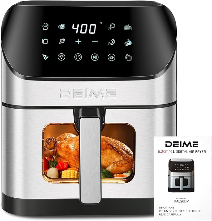 DEIME Air Fryer 6.2 QT Oilless 1500W Large Capacity Oven Air Fryers Healthy Cooker with 10 Preset, Visual Cooking Window, Non-Stick Basket, Included Recipe