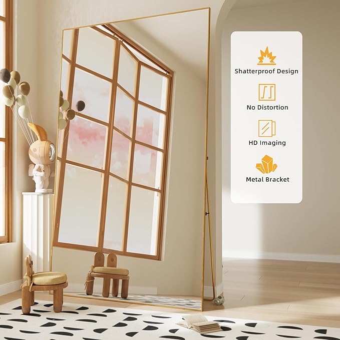FANYUSHOW 76.3"x37" Full Length Mirror Floor Standing Aluminum Frame for Living Room, Tempered Glass Floor Mirror, Simple Home Decor, Wall Decor for Bedroom & Bathroom, Large Full Body Mirror, Gold
