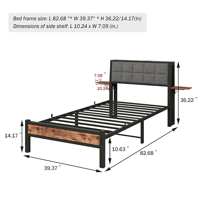 Twin Bed Frame with Storage Headboard,Upholstered Platform Bed Frame Twin with Charging Station and Bedside Shelf,Heavy Duty Metal Slats,Under Bed Storage,No Box Spring Needed,Noise Free,Grey