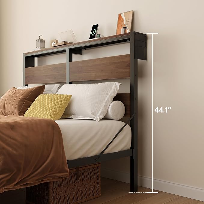 Bestier Queen Bed Frame with Storage Headboard and Charging Station, Walnut Platform Bed Frame with LED Light, Non-Slip Metal Bed Frame, Noise-Free, Easy Assembly,Walnut