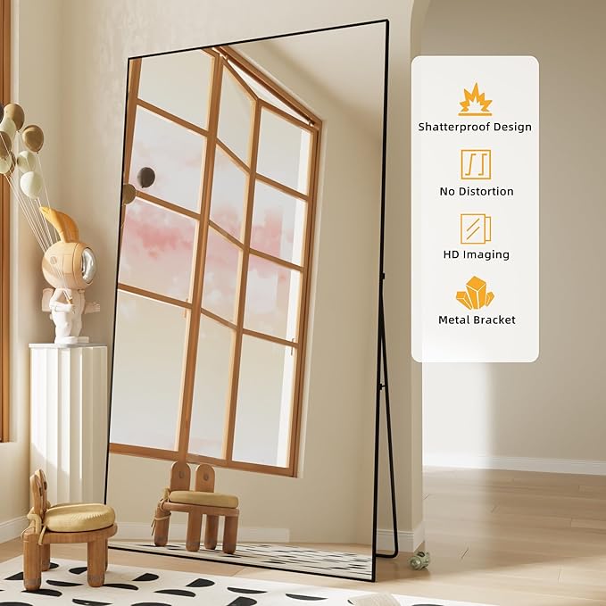 FANYUSHOW Full Length Mirror with Stand 70"x31",Floor Standing Aluminum Frame for Living Room,Tempered Glass Floor Mirror,Simple Home Decor,Wall Decor for Bedroom & Bathroom,Full Body Mirror,Black