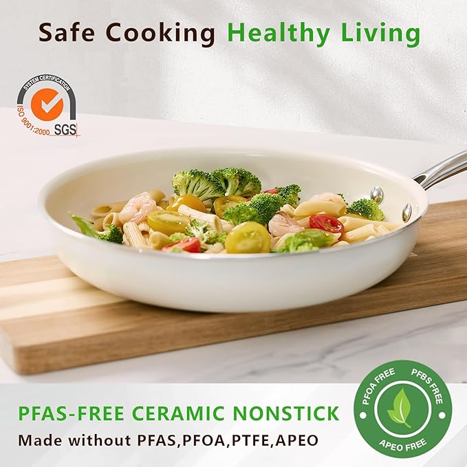 11" Ceramic Nonstick Frying Pan, Skillet, Cooking Pan Non Toxic with Stay Cool Handle for Induction, PTFE & PFAS & PFOA Free, Dishwasher/Oven Safe, White