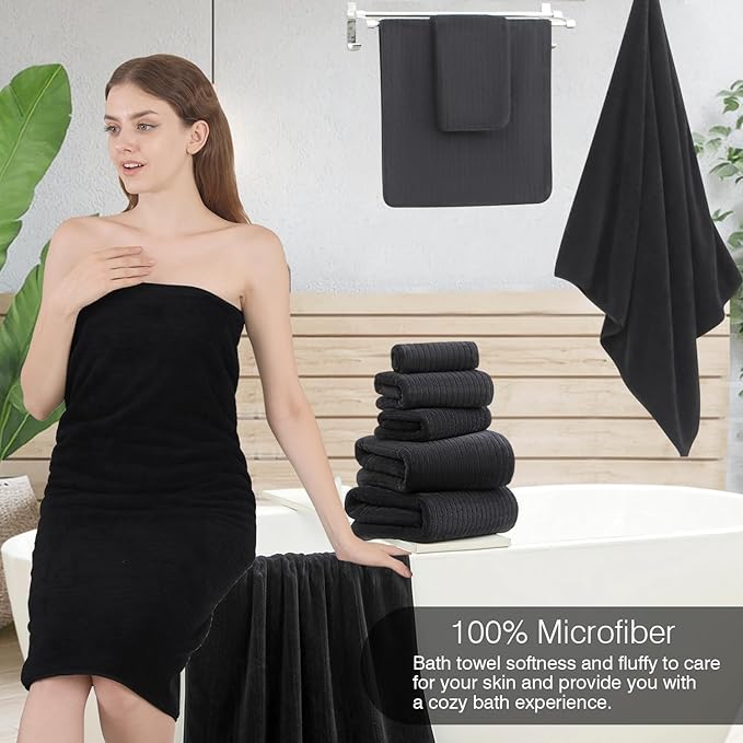 18 Piece Family Bath Towel Set Include 6 Bath Towels,6 Hand Towels and 6 Washcloths Soft Bathroom Towel with Hanging Loops,Highly Absorbent Quick Dry Towels Set for Bathroom,Hotel and Spa-Black