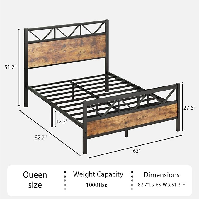 Bed Frame Queen Size, Queen Bed Frames with 51.2" Tall Industrial Headboard, Queen Platform Bed Frame with Strong Steel Slats Support, Noise Free, No Box Spring Needed, Easy Assembly, Rustic Brown
