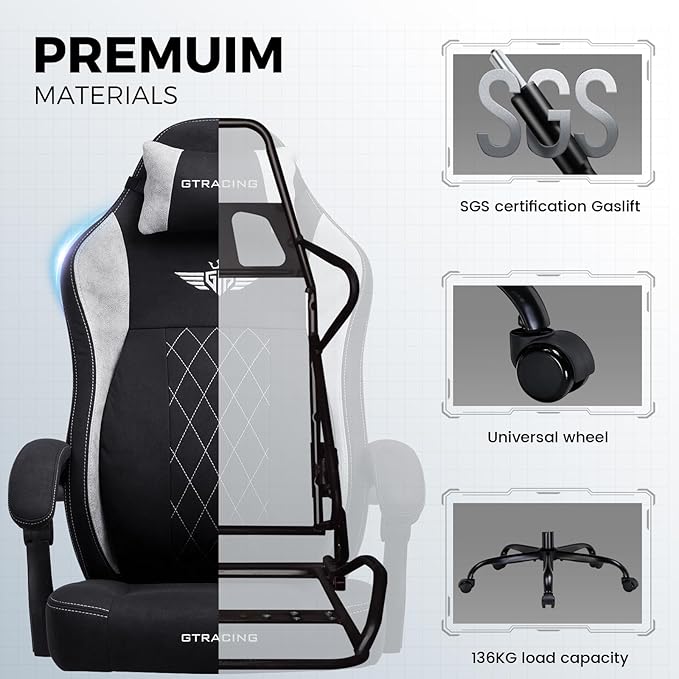 GTPLAYER Big and Tall Gaming Chair Breathable Fabric Computer Chair with Strong Lumbar Support, Comfortable Office Chairs with Pocket Spring Cushion, High Back Ergonomic Desk Chairs with Footrest