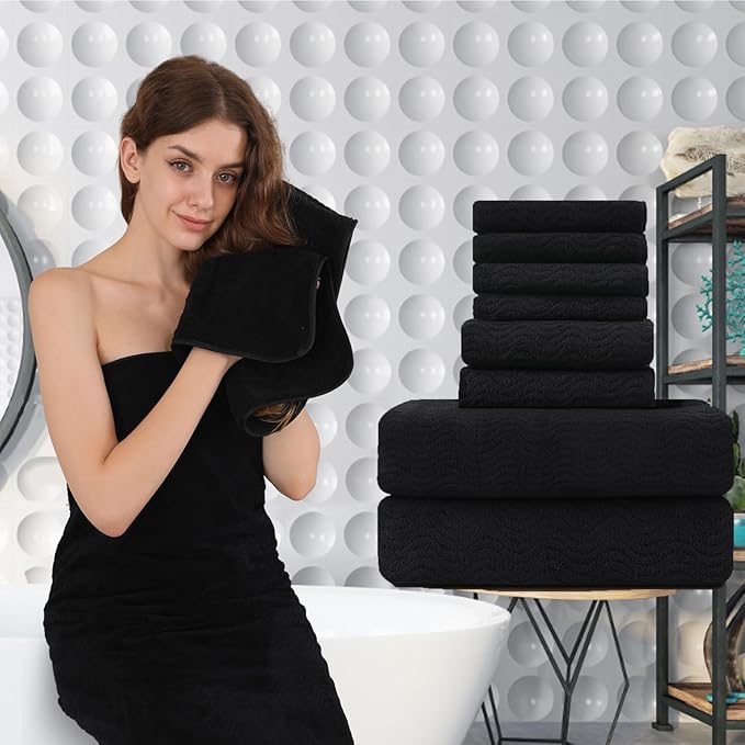 Black Bath Towels Set of 8, Bathroom Towel Quick Dry Textured,2 Oversized Shower Towels Large/2 Hand Towels/4 Washcloths,Ultra Soft Microfiber Absorbent Face Towels Bath Sheets For Bathroom Hotel Spa